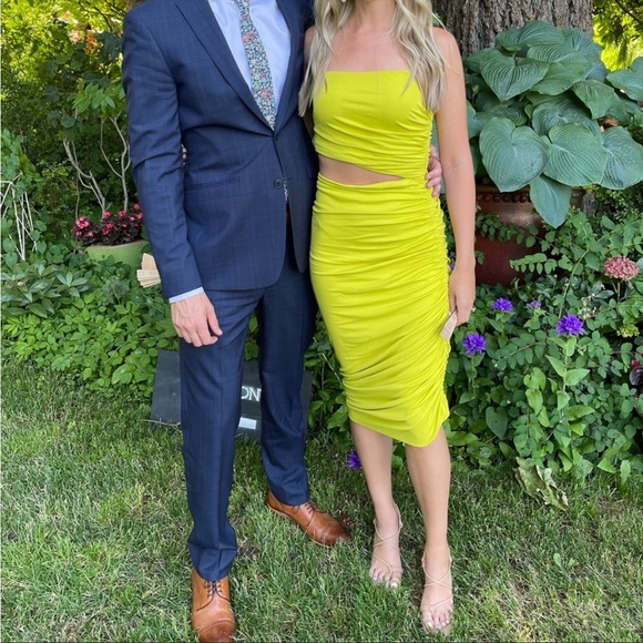 HALSTON Averie Ruched cut out jersey cocktail midi dress in sulfer size 16 - Picture 4 of 10